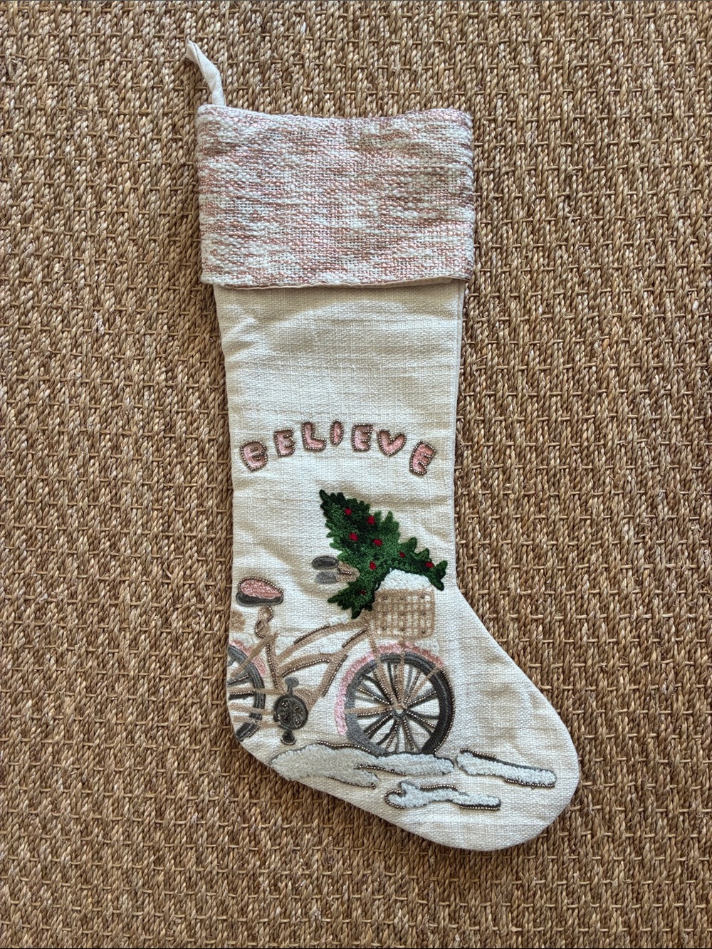 Shabby Chic Cream Christmas Stocking with Pink Bicycle and Green Tree